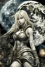 Placeholder: Explosive abstract collage style image of a beautiful anime warrior girl, beautiful blond hair and features, dramatic, pieces of cloth material, textured moon in background, bob wire, gothic surroundings, textures