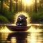 Placeholder: cute blessed freedom statue porcupine speeding in a rubber boat in the river,catching a big fish in a river stream, 8k, downlight, soft light, depth of field, photorealism, trending on art station, lotsa detail