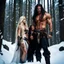 Placeholder: tall muscular male mountain man with long dark hair with a petit female with long blonde hair, dark fantasy, snowy forest