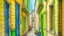 Placeholder: Alley with almost‑touching balconies in Barcelona's Gothic Quarter. Hanging flowerpots, white sheets, a guitar leaning on a windowsill. A green parrot in a cage. At the end, a stone arch. A woman sweeps her doorstep. Harsh noon light. Colored pencil on kraft paper (Marc Chagall but in Barcelona)