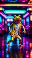 Placeholder: sexy stunt funky punk hippy hairy white skinned frog pimp tap dancer fashion gremlin in the middle of crazy dance moves dancing on buss parked in dark neon lit reflective wet arcade hall tunnel,bokeh like f/0.8, tilt-shift lens 8k, high detail, smooth render, down-light, unreal engine, prize winning