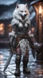 Placeholder: white wolfs mane, full figure with metallic stone gauntlets holding dark jagged dagger, standing on frozen wet tiled floor outside fantasy tavern, focused female brownie vampire gnome from worms armageddon wearing makeup, bokeh like f/0.8, tilt-shift lens 8k, high detail, smooth render, down-light, unreal engine, prize winning