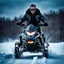 Placeholder: Handsome and muscular 40 year old Biker wearing a winter leather jacket and dark sunglasses riding a snowmobile, dark fantasy