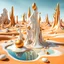 Placeholder: Bright, glittering, 3d, marble-like, surreal objects in a bright environment, desert, noon light, melting cream, Yves Tanguy style