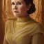 Placeholder: hyperspace background, complete and photo realistic detailed head to waist stunning photo realistic portrait of carrie fisher as Princess Leia in star wars with photo realistic updo hair by Mandy Jurgens and mucha and Richard Schmid and chuck close and chie yoshii, extraordinary and detailed ceremony dress of star wars,brown eyes