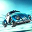 Placeholder: a high definition screen shot of a jet-fighter vw-beetle, retrofuturistic, phototrealism, in flight, one subject,