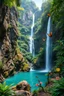 Placeholder: Ultra realistic landscape photo captured from the base of a majestic natural waterfall, crystal-clear water cascading over rugged rock cliffs into a pristine pool, viewpoint from beneath the waterfall looking out across a breathtaking tropical valley, lush exotic rainforest vegetation, diverse realistic tropical flora, colorful tropical birds perched on branches, butterflies flying naturally through the scene, dense jungle surrounding the area, soft morning sunlight filtering through the canopy,