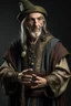 Placeholder: elf male in his fifties wizard wearing medieval clothes with hands behind his back