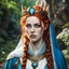 Placeholder: dungeons & dragons; portrait; female; teenager; pale skin; ginger hair; braided crown; blue eyes; cleric; flowing robes; veil; circlet; nature; traveling