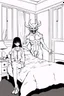 Placeholder: girl with demon mask in bedroom, line arts, manga style