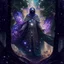 Placeholder: The Muslim commander in a battle dress made of galaxies and stars with a glove that has seven endless stones with a powerful army behind him A forest with dense trees in space between galaxies