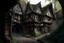 Placeholder: large medieval gothic, wooden inn, with a balcony, next to a sloping, cobbled road, in a wood, dense foliage, photo-realistic