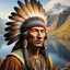 Placeholder: stunning 3D render of a painting in the style of Rembrandt featuring Winnetou, the chief of the Aachen tribe. Winnetou is depicted as a noble and wise leader, adorned with intricate feathers and a colorful headdress. The background portrays a vast, rugged landscape with a rocky mountain range and a serene lake, casting a warm golden glow. The overall atmosphere is a mix of both realism and dreamlike fantasy, reflecting Rembrandt's masterful use of light and shadow., illustration, 3d render, pain