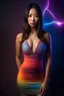 Placeholder: an extremely stacked Asian girl wearing a slit mini dress with a plunging neckline - gradated Background, professional quality studio 8x10 UHD Digital photograph by Scott Kendall - multicolored spotlight, Photorealistic, realistic stock photo, Professional quality Photograph. colored Fog - Multicolored lightning, 3D heart