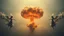Placeholder: a nuclear explosion cloud(middle), the wind and smoke from the explosion forming shapes of dancing women with small angel wings(left and right sides), religiose art