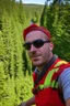 Placeholder: Red vested TF2 engineer taking a selfie at the forest