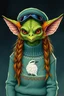 Placeholder: fox gremlin alien woman air captain wearing a bird sweater