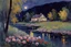 Placeholder: Night, creepy and mistery, mountains, river, distant house, flowers, trees, konstantin korovin and jenny montigny impressionism paintings