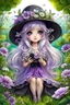 Placeholder: cute happy fairy girl with little wings and rounded ((purple eyes)), big long silver hair, sitting her nice hat a tiny black (kitty with green eyes) , chibi, 3d anime character, detailed, fantasy style, nice picture in the big meadow with pale colors flowers