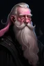 Placeholder: portrait an old artifice dwarf, he has a long white beard and just a couple of hair on the sides of his head. He wears long black clothes, addornished with pink minerals and uses a cetrum made of obsydian
