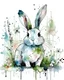 Placeholder: Watercolour effect, cute watercolor rabbit, forest, abstract,roschCh ink blot test, white background, muted colour's, no black colour only white more watercolour blobs, no outline, without details. Blooming flowers, more water blobs