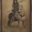 Placeholder: Scythian heavily tattooed warrior woman on horseback with bow and arrow