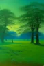 Placeholder: A greenish blue savanna with tall trees painted by Birge Harrison