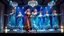 Placeholder: very beautiful group of azeri ladys in pretty folk blue costum and dance shoes dancing grace fully in a luxury modern stage with lights and decoration,long shot