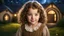 Placeholder: little young hobbit girl toddler, beautiful, confident, calm, wise, happy, innocent, facing camera, head and shoulders, curly hair, hobbit clothing, perfect eyes, LOTR village, hobbit homes with circular windows and circular doors, night scene, stars, fireflies, 16k artistic photography, exquisite composition, photorealistic concept art, soft natural volumetric light, chiaroscuro, award-winning photograph, masterpiece, style William-Adolphe Bouguereau