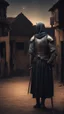 Placeholder: Make me a picture of a Muslim knight, standing in front of old and small houses, make the picture in the dark, with his back to the screen.