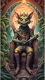 Placeholder: mandala style framed playing card illustration, close up portrait of a happy blessed ancient magical scaly slimy weird kobold mad max soldier posing for photo shoot on a throne, holding a burning sceptre, in a space alien mega structure with stairs and bridges woven into a sacred geometry knitted tapestry in the middle of lush magic jungle, bokeh like f/0.8, tilt-shift lens 8k, high detail, smooth render, down-light, unreal engine, prize winning