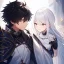 Placeholder: Girl with white hair wearing white robes. Boy with messy black hair wearing leather armor