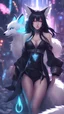 Placeholder: A close hot picture of Ahri with black hair and black Japanese Clothes and nine White fox tail with neon glowing in fantasy world