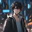 Placeholder: (masterpiece), (anime style), award winning, close up, centered, Instagram able, looking toward camera, dynamic pose, messy black hair, young man, blue eyes, modern intricate background, dynamic lighting, depth of field, ultra detailed, (epic composition, epic proportion), 2D illustration, professional work, black clothes