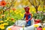 Placeholder: A beautiful boy in Spider mancaracter standing in a toy car in a flower and tree farm