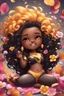 Placeholder: A sassy thick-lined airbrushed cartoon black chibi girl lounging lazily on her side, surrounded by flower petals. She has a golden lion tail curling playfully behind her curvy body. Looking up coyly, she grins widely, showing sharp lion teeth. Her poofy hair forms a mane framing her confident, regal expression.