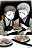 Placeholder: Two boycats, sitting at a table, eating sushi,perfect iris, ink and pencil, style Elisabeth Kreitz