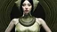 Placeholder: pale alien woman wearing exotic clothing. Black hair bob