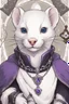 Placeholder: (anthropomorphic white ferret),dressed in ((cleric fantasy)) black and purple clothes with silver holy ornaments, realistic anatomy, fantasy tavern on background, mage and holy symbols around, serious face, hold holy symbol, tired face, in the style of LOISH, look at the vivewer, blue eyes, cute face, 2d, ink lines, fantasy inspire