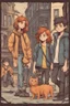 Placeholder: Act like a book cover designer. Use comic style. Grimmy black cat and a group of three teenagers (13-15 years old) - two brothers with ginger hair and frickles with a brown-haired girl. Environment: old town.