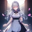 Placeholder: Clear focus,High resolution, grey long fluffy hair, long fluffy bangs, pink eyes, wearing a maid outfit, front hair cover eyes, wearing a short skirt, crying