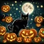 Placeholder: black cat on Halloween dancing with pumpkins in the photo of the starry sky