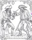 Placeholder: Pirates of the Caribbean: Dueling Pirates Coloring Challenge: Create an action-packed coloring page inspired by the Pirates of the Caribbean movie, featuring a dramatic scene with two pirates engaged in a thrilling sword duel. Capture the intensity of the battle with dynamic poses and expressions, providing ample space for young artists to color the characters and their surroundings in black and white. This coloring challenge invites kids to infuse their creativity into the high-stakes world of