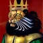 Placeholder: oil painting of a beautiful symmetrical cat with armor,wearing crown, Riding a black Lion, XV century, by El Bosco, Leonardo da Vinci, Goya 8k