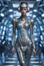 Placeholder: A biomechanical futuristic full body fashion model in a metal silver/blue armored dress, adorned with clear printed hieroglyphic symbols, microchip designe, futuristic headset, Fashion show background, energy, molecular, mecha, future fashion