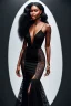 Placeholder: A portrait of a beautiful curvaceous black woman with long black hair, wearing a black lace dress with a deep v neck, sorceress, magical, ethereal, intricate, sharp lighting, misty. Painting, high quality, Ultra quality 8k.