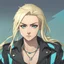 Placeholder: caucasian female anime character, androgynous, light skin, blue eye, biker black jacket, tank top, split teal and shoulder length blonde hair, grumpy expression