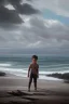 Placeholder: desaturated oil painting of boy on beach, old clothes, dark storm clouds overhead, gloomy, bleak, little fires