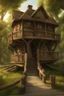 Placeholder: large medieval wooden treehouse, with a balcony, and a cobbled road going through the middle, in a wood, photo-realistic