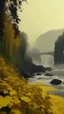 Placeholder: Cinematic slow motion: waterfall flowing in background, mist rising, river water rippling and reflecting, ivy leaves gently swaying on the yellow building, birds flying slowly in sky, subtle parallax camera push-in toward the bridge
